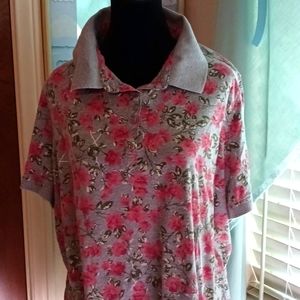Woman Within grey and pink short sleeved polo with rose print, size 2X (26/28)